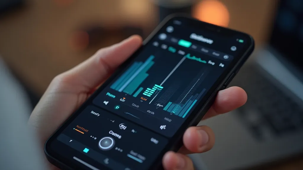 Audio miksēšanas programmas saskarnes diagramma ar skaļuma slīdņiem un frekvenču izlīdzinātāju, profesionāla izskate ar skaitļiem