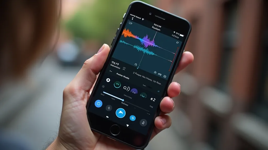 Viedtālruņa ekrāns ar CapCut vai GarageBand rediģēšanas logu, skaņas vilņu forma un rediģēšanas rīki redzami