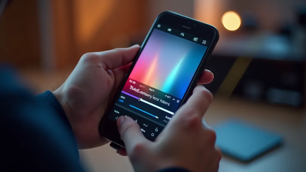 Viedtālruņa ekrāns ar krāsu korekcijas programmu, video rediģēšanas saskarnes elements