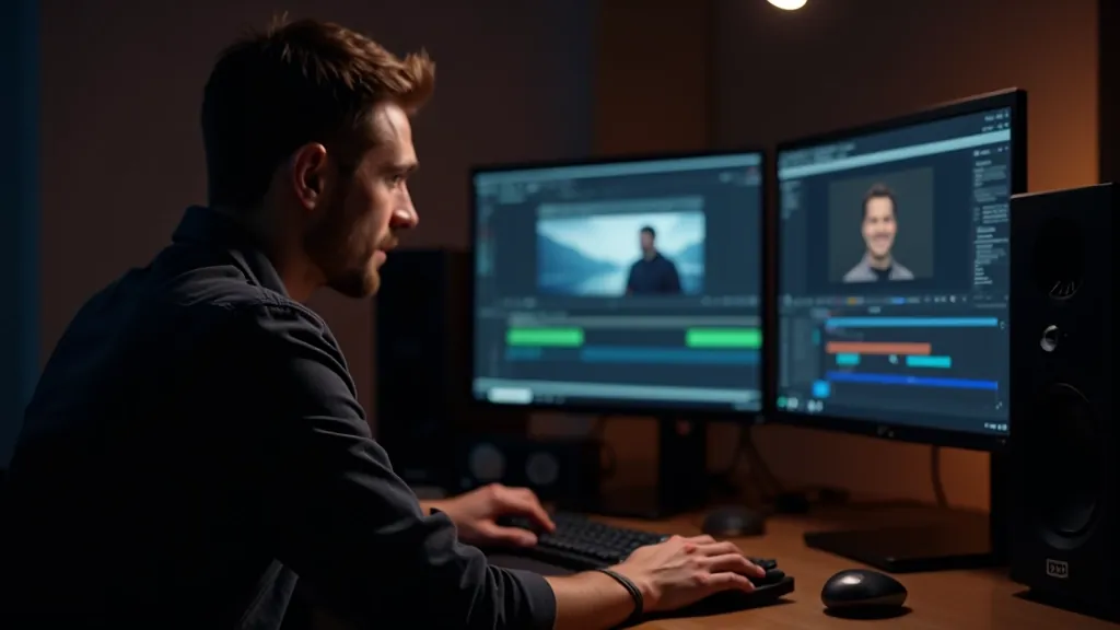 Video redaktors pie darba galda ar datoriem, skaņas rediģēšanas programmatūra uz ekrāna